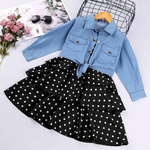 Girls Spring and Autumn Long Sleeve Denim Jacket Sling Skirt Two-Piece Set
