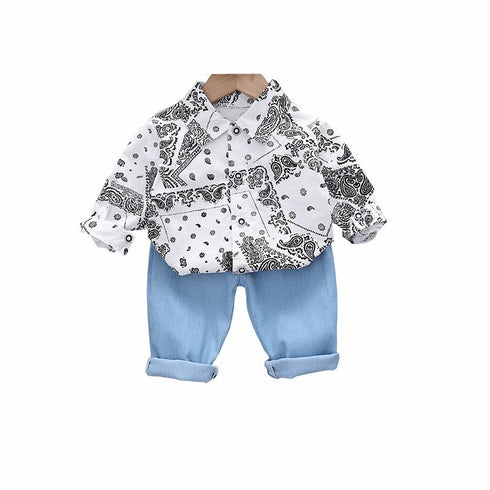 Boy's Spring and Autumn Casual Shirt Two-Piece Set