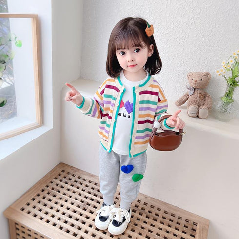 Round Neck Color Striped Cardigan Long Sleeve Three Piece Set Baby Girls Sports Pants Set
