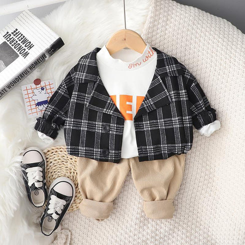 Boy's Plaid Cardigan Spring and Autumn Three-Piece Set