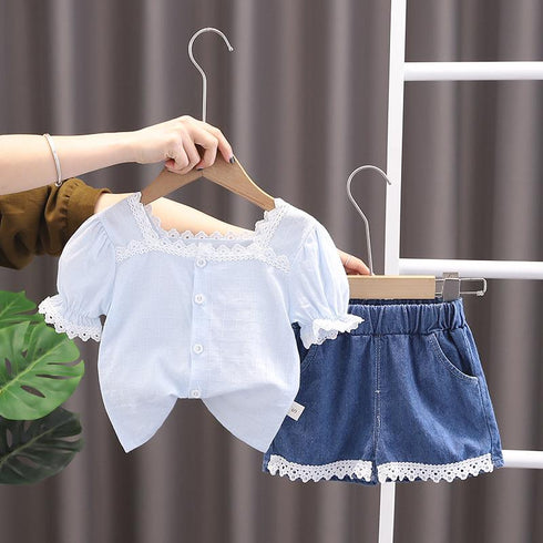 Straight Neck Lace Shirt Short Sleeved Denim Shorts Set