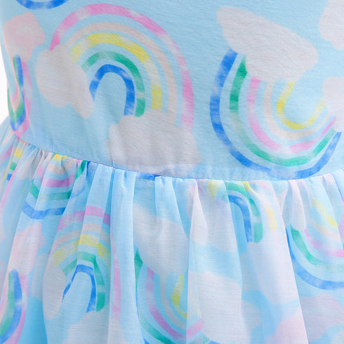 Girl's Bubble Sleeve Dress Rainbow Print Paggy Dress Children's Wear