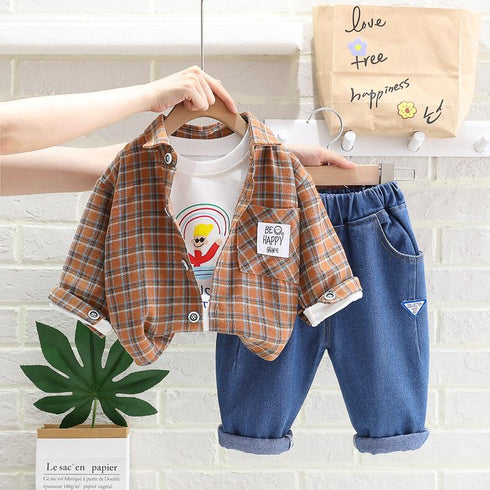 Spring and Autumn Boys Shirt Long Sleeve Three-Piece Set