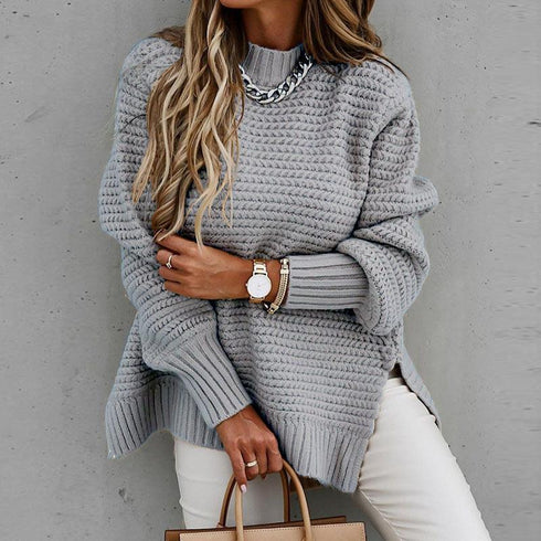 Autumn and winter half-height collar loose solid color long sleeve knit sweater