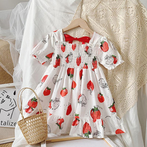 Girls Dress 2022 Summer New Girls Strawberry Print Dress Bow Princess Dress