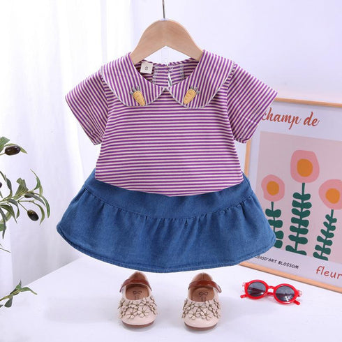 Striped Short Sleeved Denim Skirt Suit