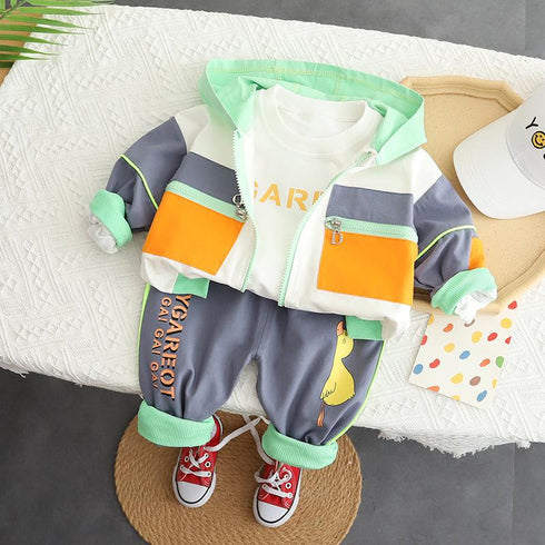 Sports Hooded Zipper Shirt Three Piece Set Male Baby Round Neck Sweater Long Sleeve Set