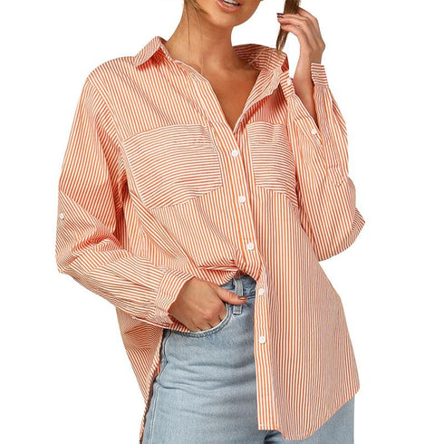 Striped Print Single-Breasted Long Sleeve Shirt