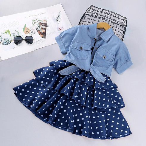 Girl's Short-Sleeve Denim Jacket Dot Skirt