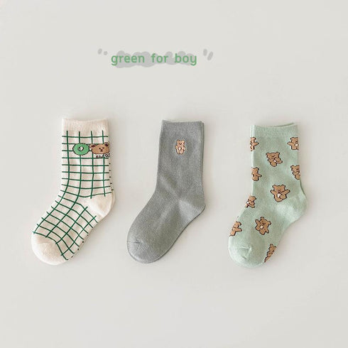 Embroidered letters baby bear socks color matching socks (three pairs)