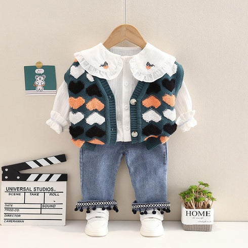 Spring and Autumn Girls Knitted Sweater Cardigan Shirt Jeans Three-Piece Set