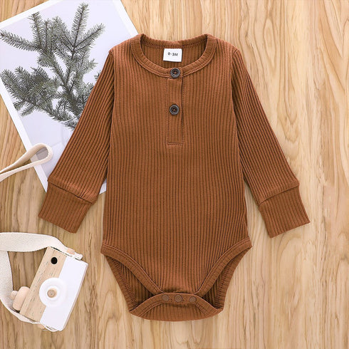 Ribbed Solid Front Button Long-sleeve Baby Romper