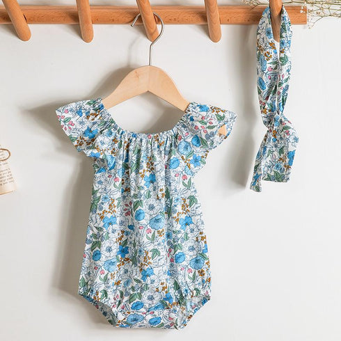 Baby Fly SLEEVE BODYSUIT Thin Newborn Floral Cotton Hair Accessories Set