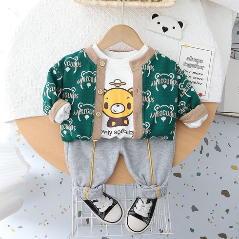 Spring and Autumn Boys Cardigan Three-Piece Set