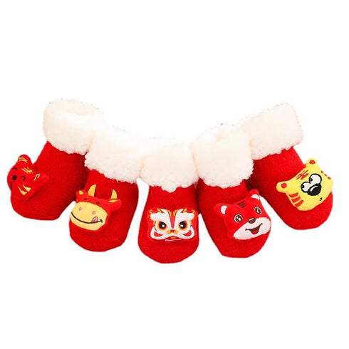 Cartoon New Year socks padded lamb velvet coral fleece children's floor socks baby baby floor socks (six pairs)