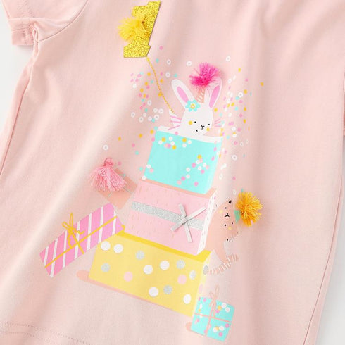 Summer New Girls Printed Cartoon Short Sleeve Three-dimensional Decorative Girls Round Neck T-shirt