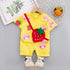 Round neck floral strawberry strap two piece short sleeve suit