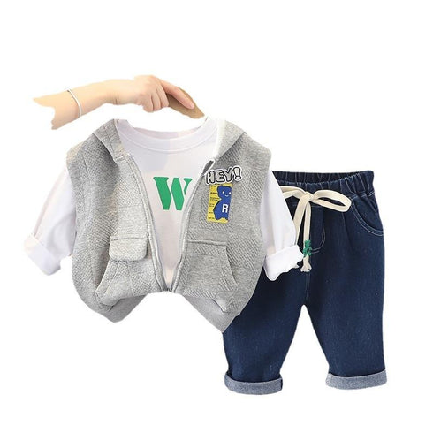 Spring and autumn boys casual hooded waistcoat long sleeve three-piece set