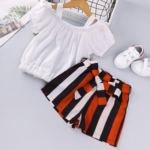 Summer girls suspender short sleeve striped shorts set