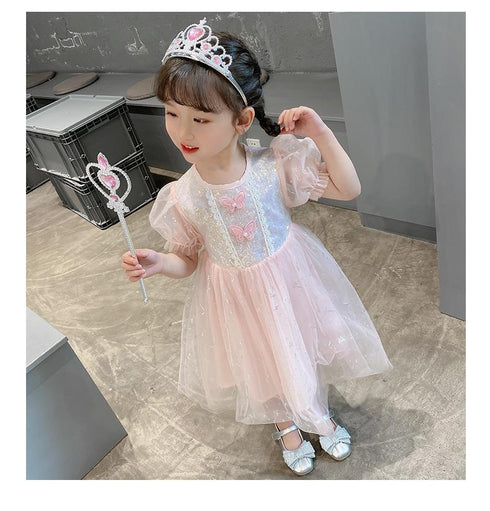 New Girl Pengpeng Princess Yarn Dress Girl Butterfly Shining Mesh Dress