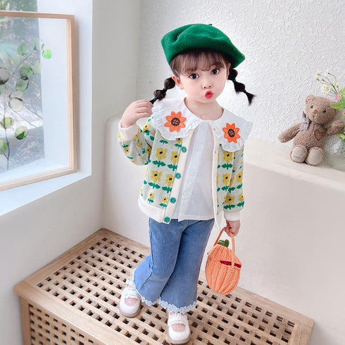 Flower Cardigan Three Piece Set Baby Girl Lapel Shirt Long Sleeve Set
