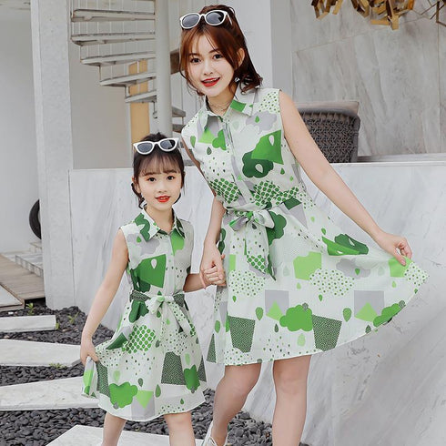 Mommy And Me Print Sleeveless Bow Belt Parent-child Dress