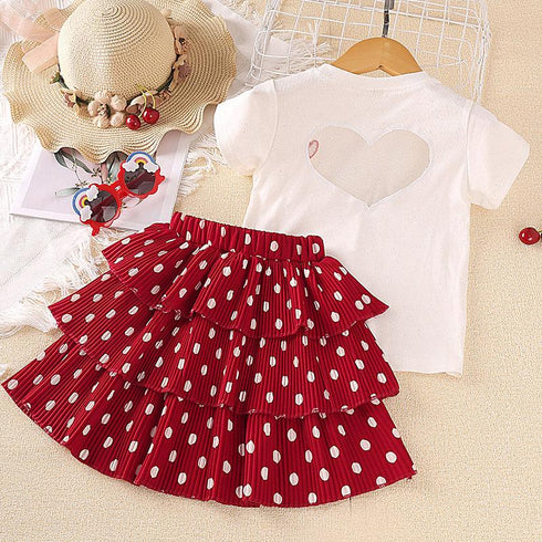 Girls Summer Hollow Out Love Short Sleeve Wave Point Cake Skirt Two-piece Set
