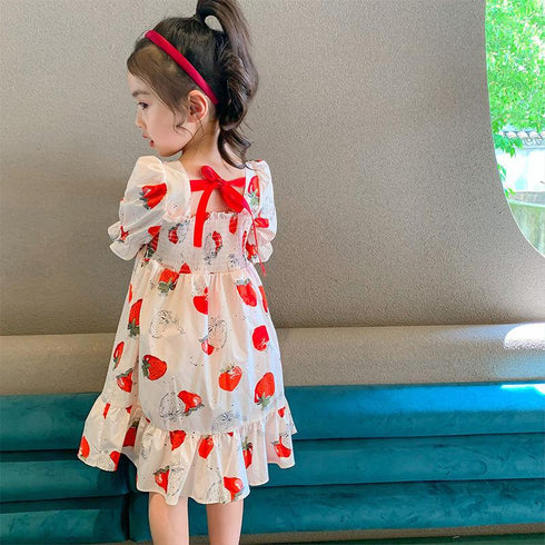 Girls Dress 2022 Summer New Girls Strawberry Print Dress Bow Princess Dress