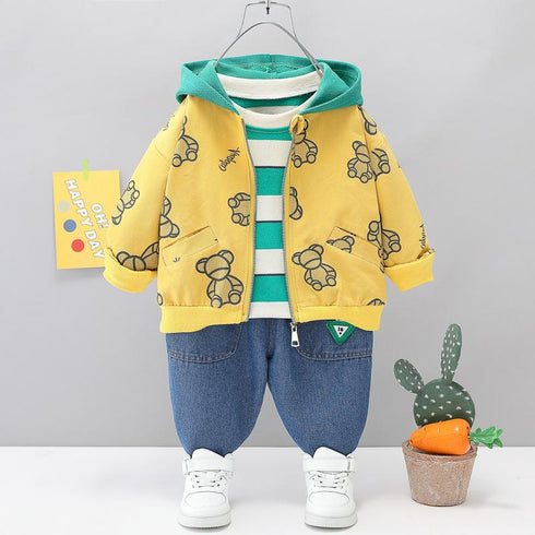 Long sleeve striped sweater zipper cardigan cotton jeans casual suit