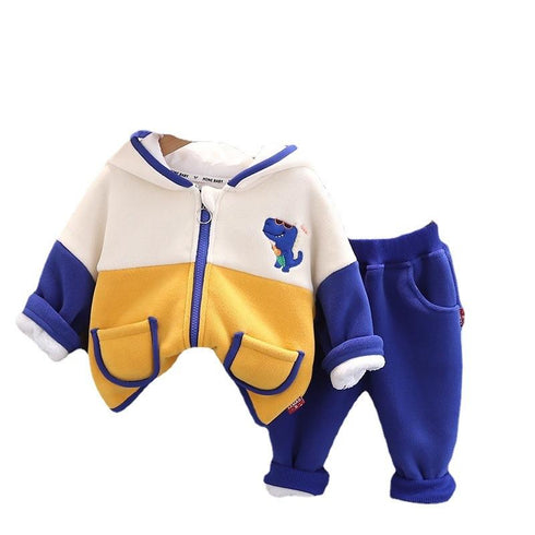 Autumn and winter boys plus velvet hooded suit two-piece set