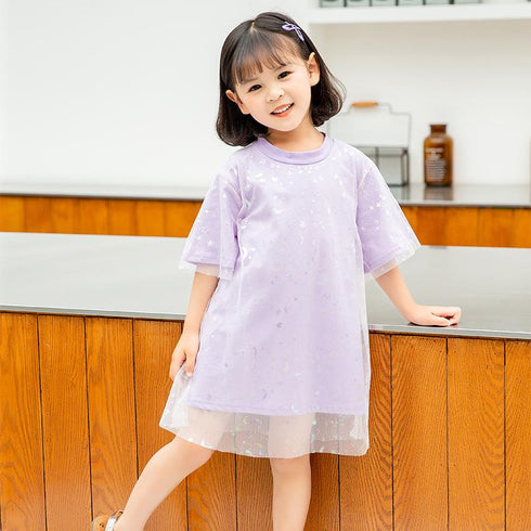 Round Neck Short Sleeve Shiny Mesh Princess Skirt
