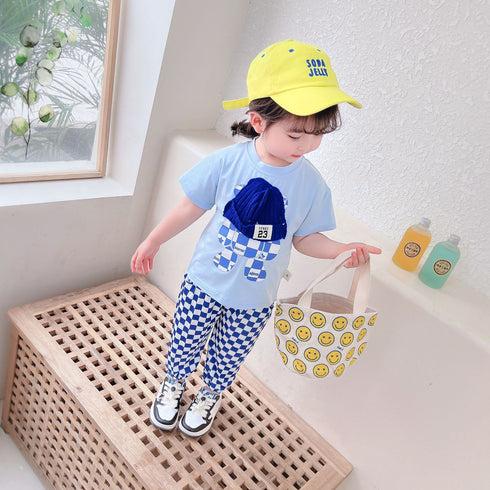 Casual Lattice Round Neck Short Sleeve Suit Baby Mosquito Pants Two-piece Set