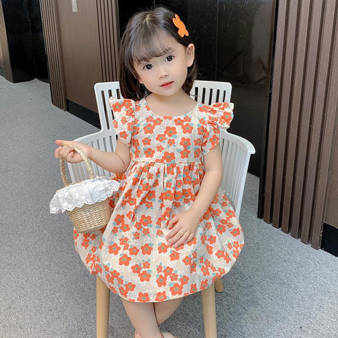 Girls Summer Small Broken Flower Dew Back Princess Skirt