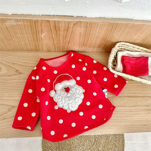New Year's cute Santa Claus wave dot pullover long sleeve warm heart sweater plus velvet pants
