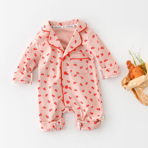 Baby's Pajamas Wind Cherry Bear Printed Long Climbing Jumpsuit