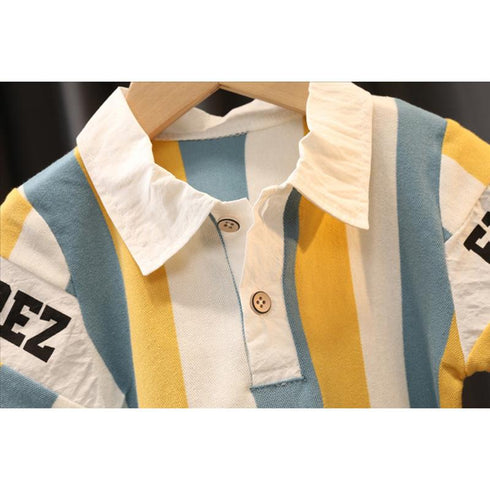 Children's flip shirt striped t-shirt shorts two-piece fashion