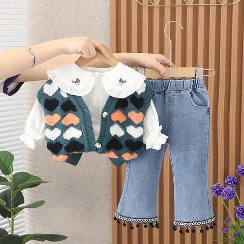 Love Sweater Vest Three Piece Set Baby Girl Lapel Shirt Long Sleeve Set