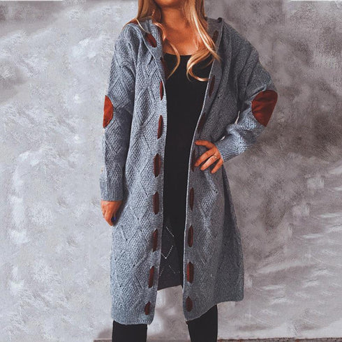 Autumn winter thickened velvet leather stitching knitted long hooded sweater