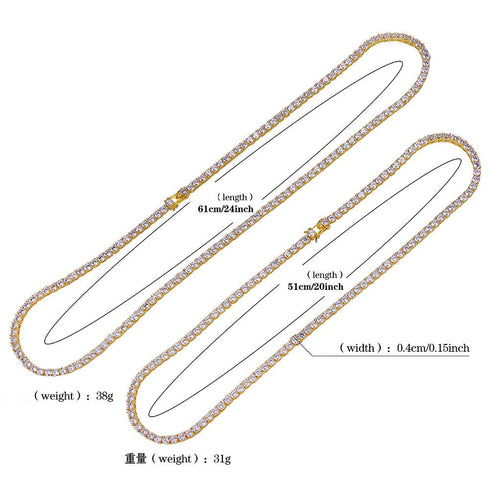 Real Gold Plated Zircon Single Row 4mm Necklace Hip Hop Jewelry