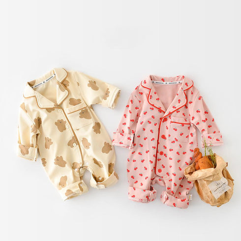 Baby's Pajamas Wind Cherry Bear Printed Long Climbing Jumpsuit