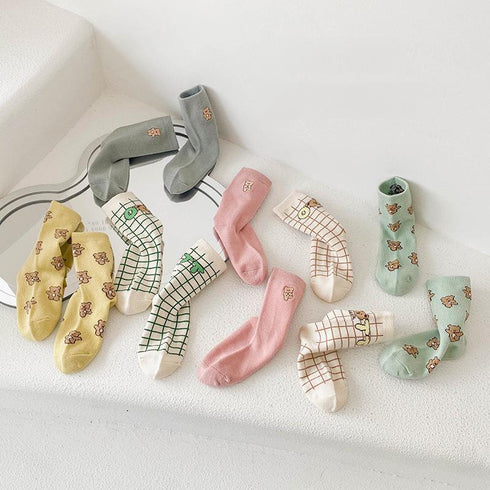 Embroidered letters baby bear socks color matching socks (three pairs)