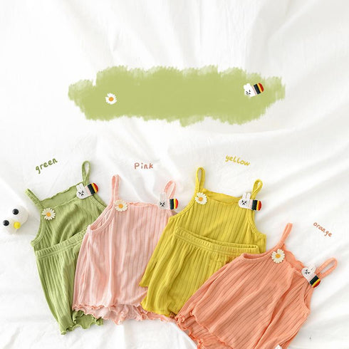 Little Fresh Daisy Rainbow Rabbit Suspender Top + Shorts Cute Two Piece Set