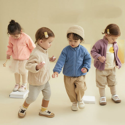 Baby double-sided polar fleece jacket simple embroidered semi-high collar warm jacket