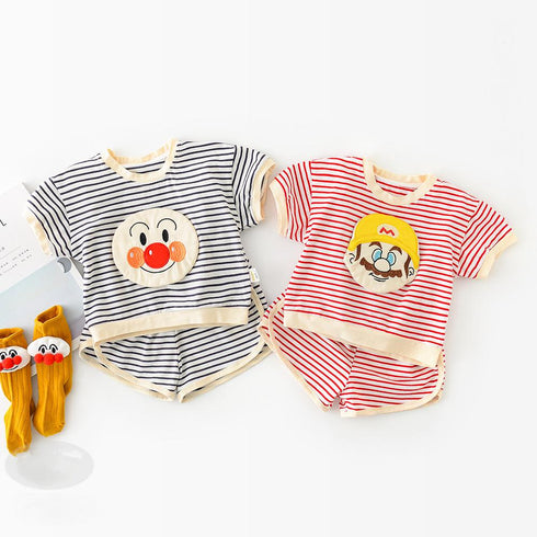Cartoon Embroidered Stripe Short Sleeve Shorts Two Piece Set