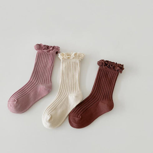 Solid color double stitch lace children's socks agaric curling girl socks