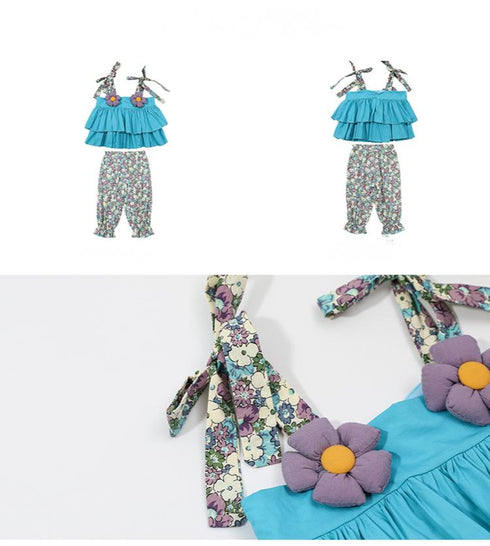 Summer Suit 2022 New Girls Sweet Cute Three-dimensional Flower Coat Pants Two-piece Set