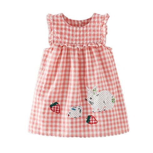 Summer New Girls Short Sleeve Plaid Dress Cartoon Decorative Children's Skirt