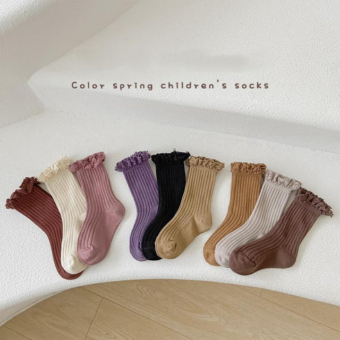 Solid color double stitch lace children's socks agaric curling girl socks