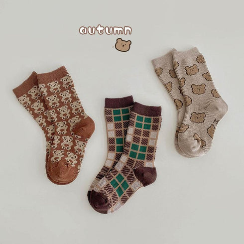 Baby spring and autumn bear plaid socks combed cotton cartoon double needle baby socks