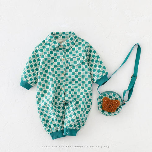 Baby cartoon plaid bear climbing suit for baby send backpack